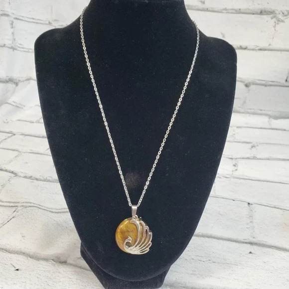 Cats Eye Rising Phoenix Amulet Natural Stone Pendant Necklace Peacock Bird - Picture 6 of 9